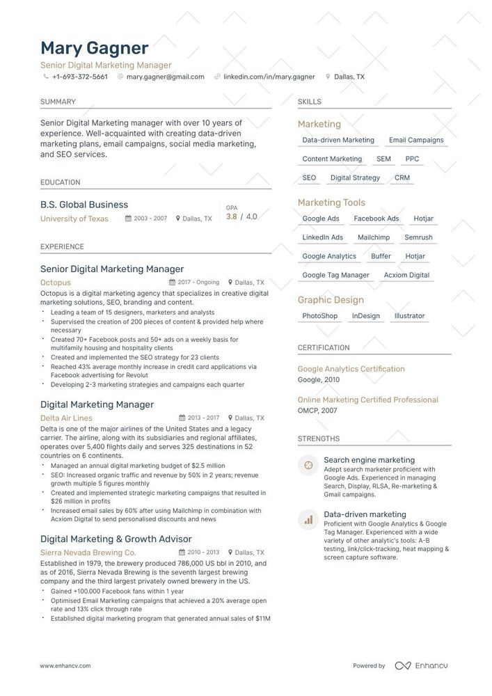 resume format for experienced marketing professional