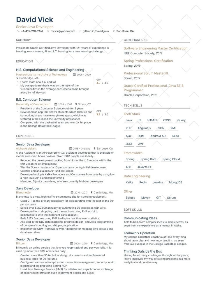 Java Developer Resume Guide Samples